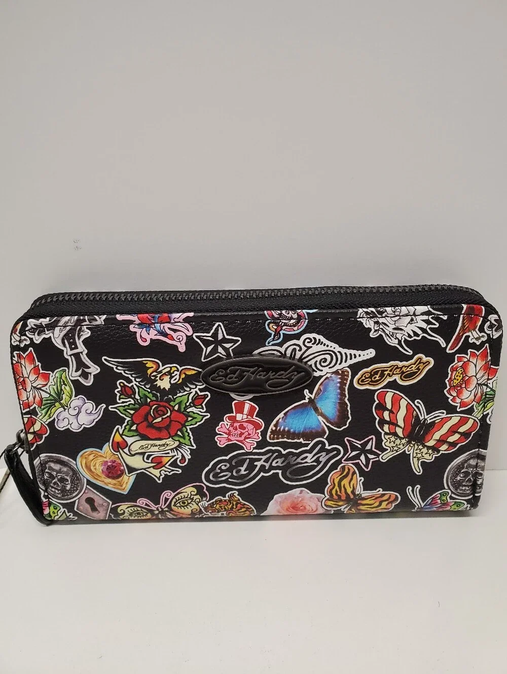 Ed Hardy Black Zip-Around Wallet with Multicolor Tattoo Motifs